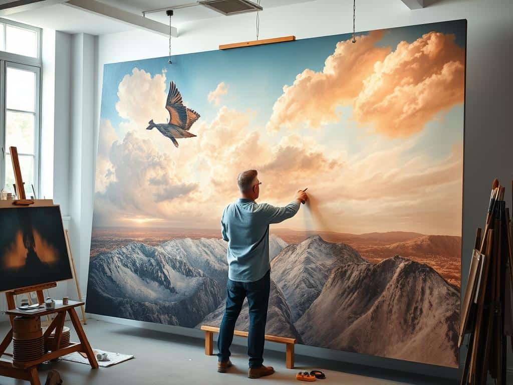 Artist creating a custom-sized art oil painting reproduction Artist creating a custom-sized art oil painting reproduction