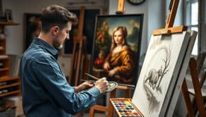 Artiste travaillant sur une reproduction de peinture à l'huile d'art dans le Sky Art Print Gallery Studio