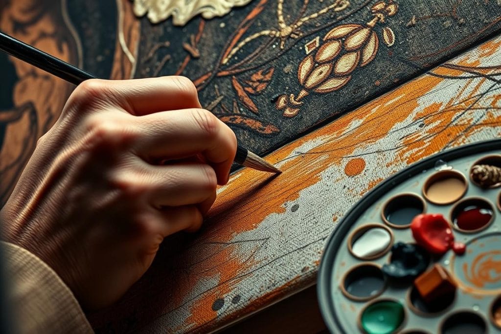 Close-up of artist working on detailed brushwork for an art oil painting reproduction Close-up of artist working on detailed brushwork for an art oil painting reproduction