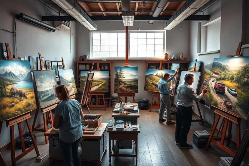 Group of professional artists working on various art oil painting reproductions in the studio Group of professional artists working on various art oil painting reproductions in the studio