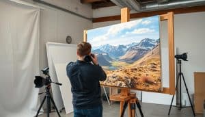 Professional photographer examining high-quality canvas prints from Sky Art Print