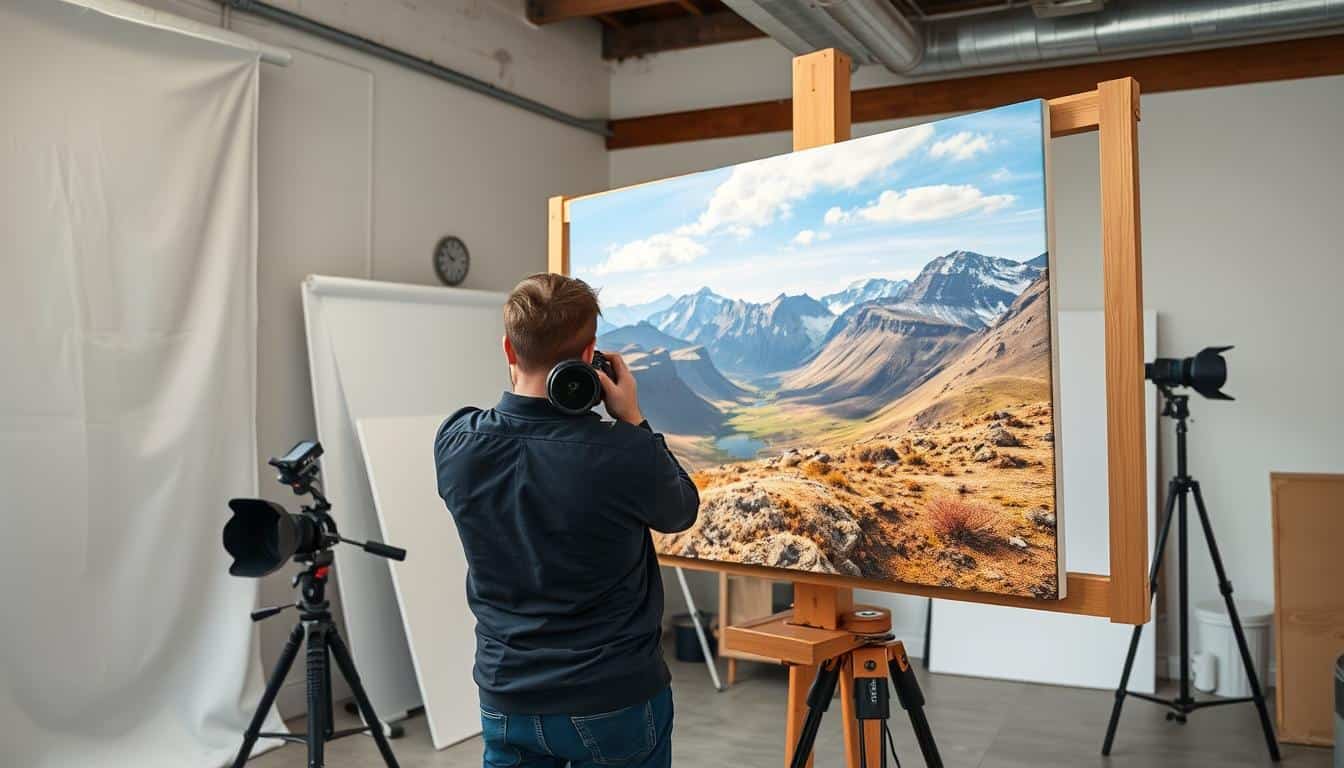 Professional photographer examining high-quality canvas prints from Sky Art Print